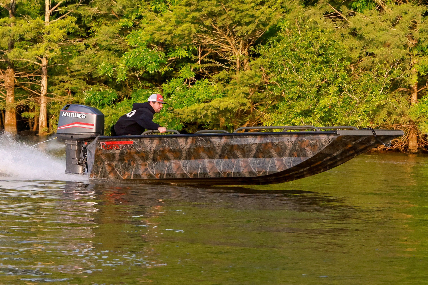 hunting, boats, aluminum, welding, boat manufacturer, boat dealer, decal, trees, water, fishing, hunting boat, running, motor, fast, waves